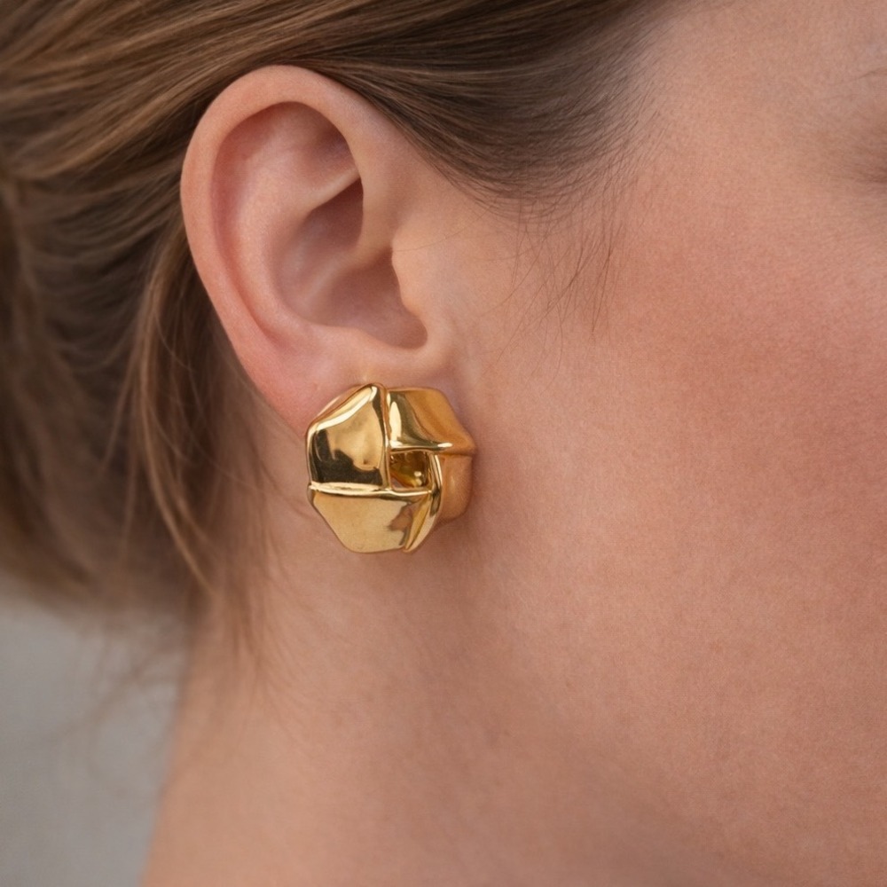 Vintage Gold Clip On Earrings Chunky Geometric Abstract Retro Statement